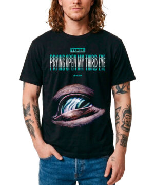 Czarna koszulka męska TOOL z grafiką oka i napisem "Prying Open My Third Eye" oraz "Ænima" na froncie.
