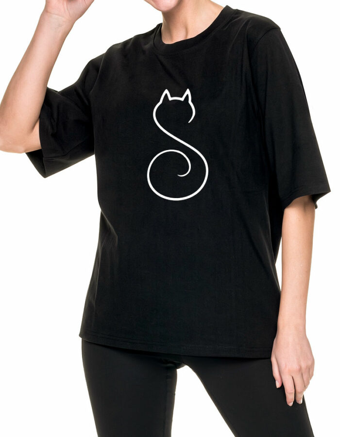 tshirt damski oversize extreme czarny z kotem line cat
