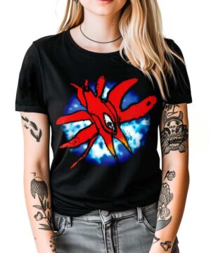 Czarna koszulka muzyczna The Cure "Wish Tour 92" z czerwonym motywem graficznym na niebiesko-białym tle, damska.