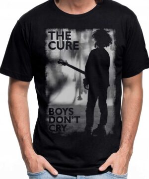 Czarna koszulka muzyczna The Cure "Boys Don't Cry" z nadrukiem sylwetki gitarzysty i napisem, idealna dla fanów zespołu.