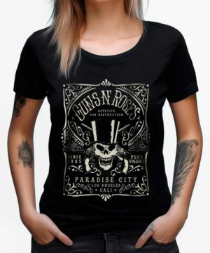 tshirt muzyczny damski czarny guns and roses paradise city label
