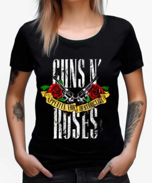 tshirt muzyczny damski czarny guns and roses pistols