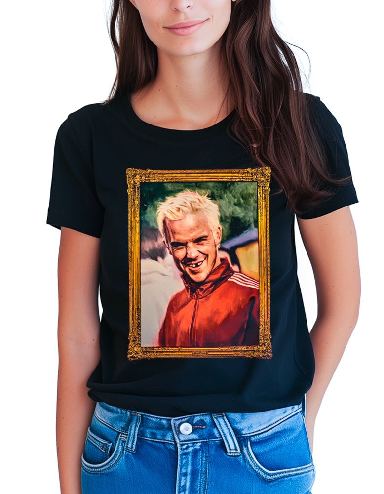 Czarna damska koszulka z napisem ROBBIE WILLIAMS „Britpop portrait” oraz kolorową, ilustrowaną grafiką przedstawiającą Robbiego Williamsa z krótkimi blond włosami i w czerwonej kurtce.
