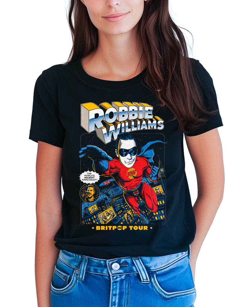 Czarna damska koszulka ROBBIE WILLIAMS „Britpop Superman” z kolorowym nadrukiem przedstawiającym postać superbohatera oraz napisem „Robbie Williams Britpop Tour”. Koszulka zaprezentowana na modelce.