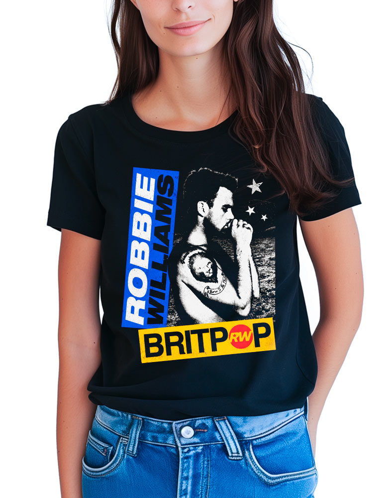 Czarna damska koszulka z kolekcji ROBBIE WILLIAMS „Britpop vintage”, z nadrukiem przedstawiającym palącego mężczyznę oraz napisem ROBBIE WILLIAMS BRITPOP RW.