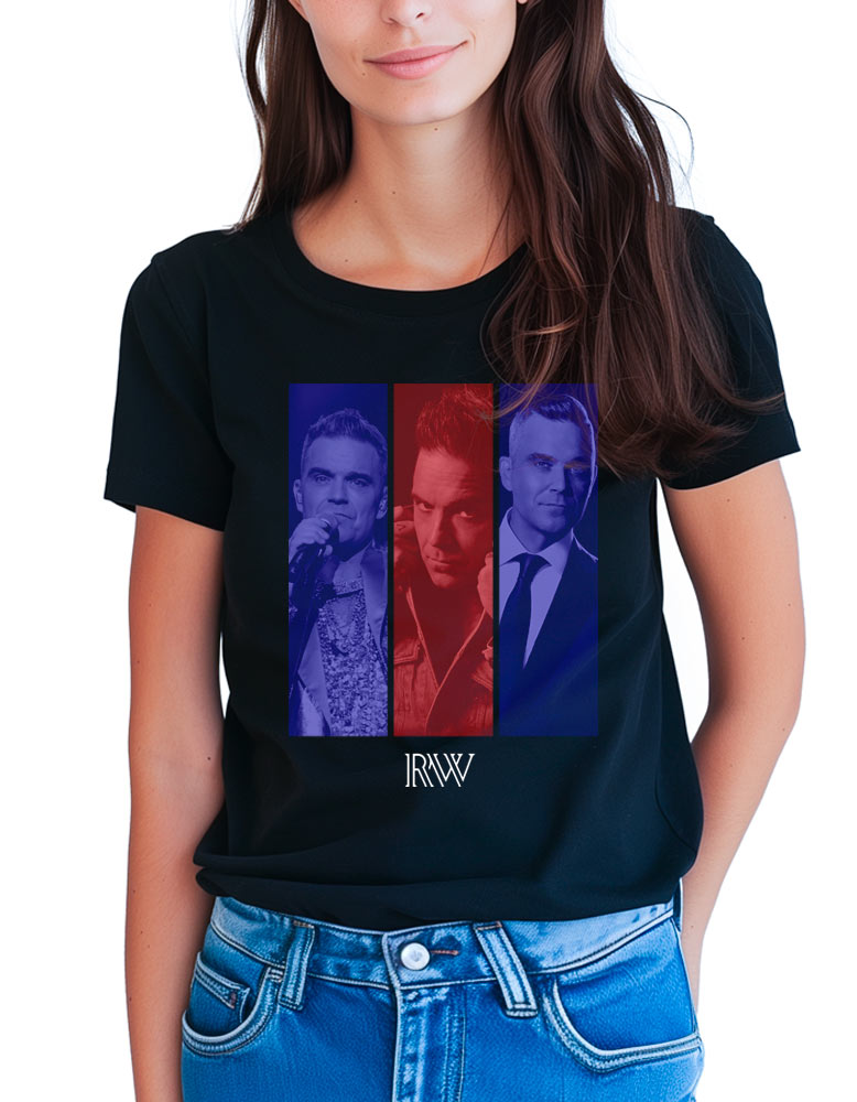 Czarna damska koszulka ROBBIE WILLIAMS „GB style” z nadrukiem trzech portretów Robbiego Williamsa w odcieniach niebieskiego, czerwonego i fioletowego, z napisem „IRAW” pod grafiką; na zdjęciu prezentowana na modelce.