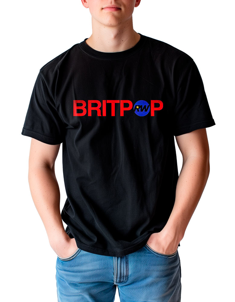 Męska koszulka ROBBIE WILLIAMS „Britpop logo” w kolorze czarnym, z napisem BRITPOP z przodu, gdzie litera „O” została zastąpiona niebiesko-żółtym logo. Idealna propozycja dla fanów muzyki britpop.
