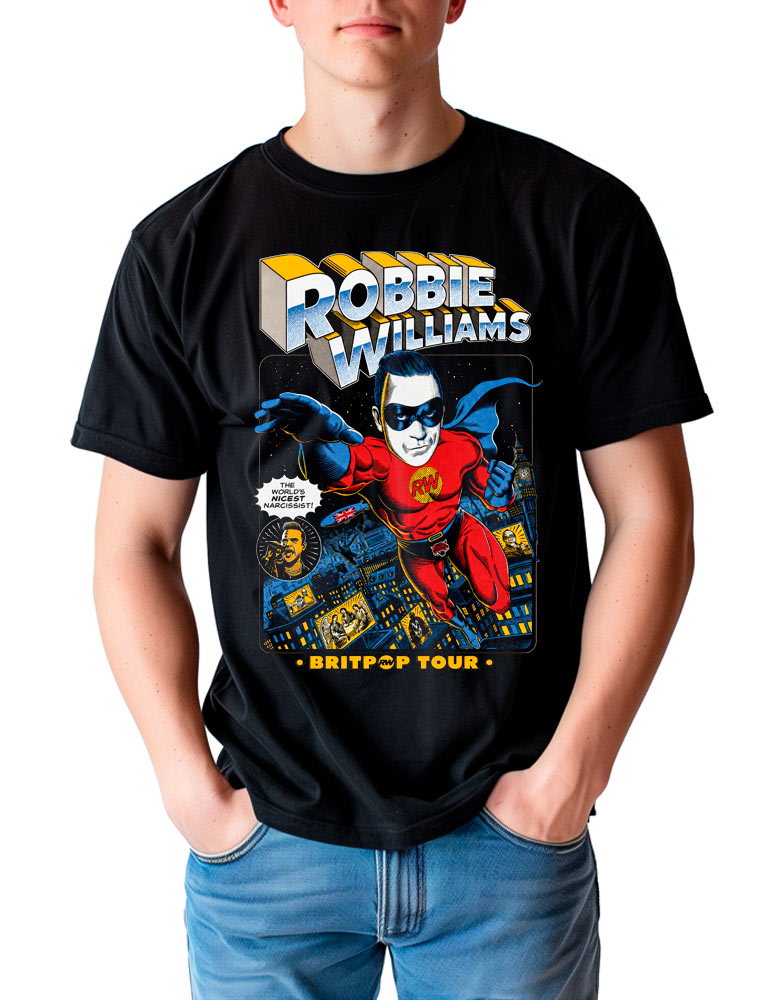 Czarna męska koszulka ROBBIE WILLIAMS „Britpop Superman” z nadrukiem przedstawiającym komiksowego superbohatera oraz napisem nawiązującym do trasy koncertowej „Britpop Tour” Robbiego Williamsa.