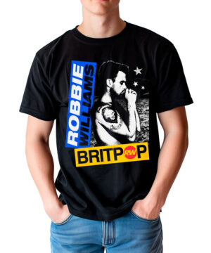 Czarna męska koszulka ROBBIE WILLIAMS „Britpop vintage” z grafiką przedstawiającą czarno-białe zdjęcie mężczyzny oraz napisami „ROBBIE WILLIAMS” w kolorze niebieskim i „BRITPOP” w kolorze żółtym, umieszczonymi odpowiednio nad i pod grafiką. Koszulka idealna dla fanów muzyki i stylu britpop.