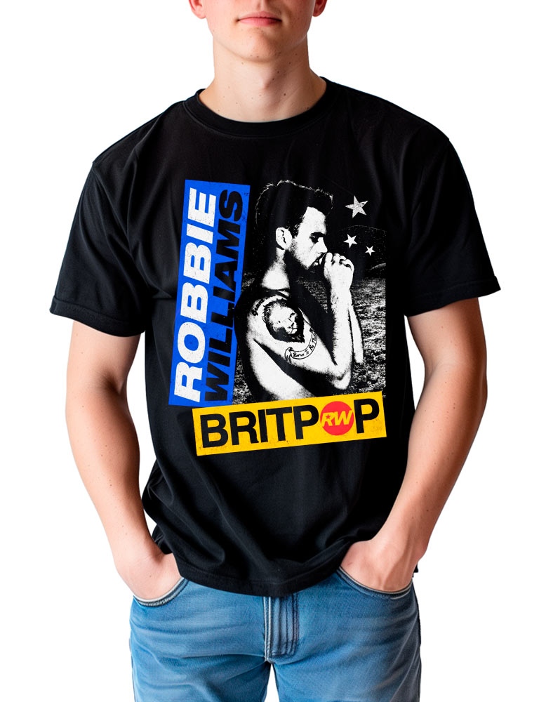 Czarna męska koszulka ROBBIE WILLIAMS „Britpop vintage” z grafiką przedstawiającą czarno-białe zdjęcie mężczyzny oraz napisami „ROBBIE WILLIAMS” w kolorze niebieskim i „BRITPOP” w kolorze żółtym, umieszczonymi odpowiednio nad i pod grafiką. Koszulka idealna dla fanów muzyki i stylu britpop.