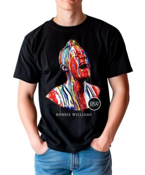Czarna męska koszulka ROBBIE WILLIAMS „Expression” z kolorową, abstrakcyjną grafiką z przodu oraz napisami ROBBIE WILLIAMS i IRWXX.