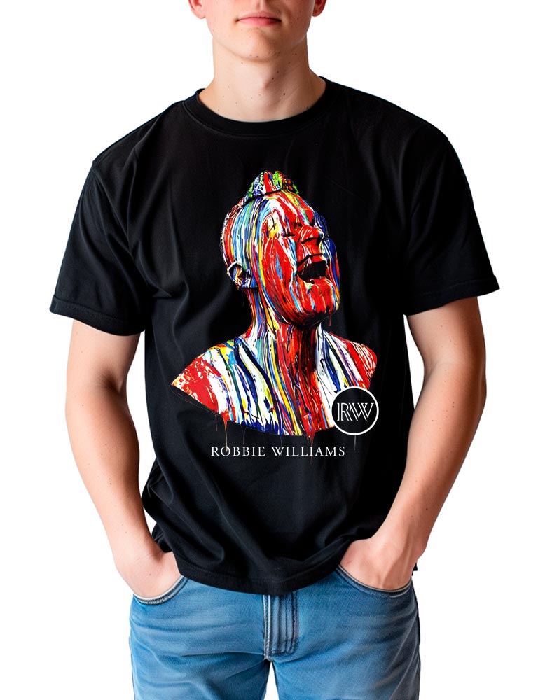 Czarna męska koszulka ROBBIE WILLIAMS „Expression” z kolorową, abstrakcyjną grafiką z przodu oraz napisami ROBBIE WILLIAMS i IRWXX.