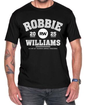 Czarna koszulka z białym napisem ROBBIE WILLIAMS 2025 RW Live at Tauron Arena Kraków, koncertowy T-shirt unisex.