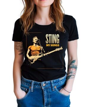 Czarna koszulka damska STING My Songs Cover z grafiką Stinga grającego na basie oraz napisem STING MY SONGS na przodzie.
