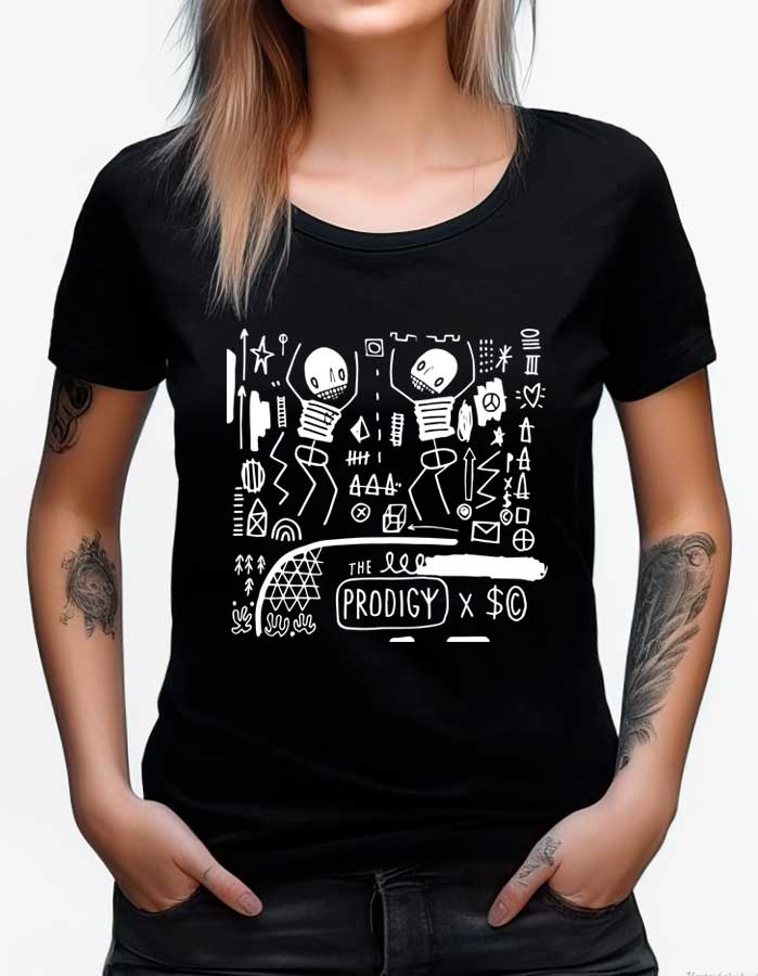 prodigy-tshirt-damski-koncertowy-czarny-skeleton Czarna koszulka muzyczna THE PRODIGY "Skeleton" z białą grafiką szkieletów i abstrakcyjnych symboli, uniwersalny fason.