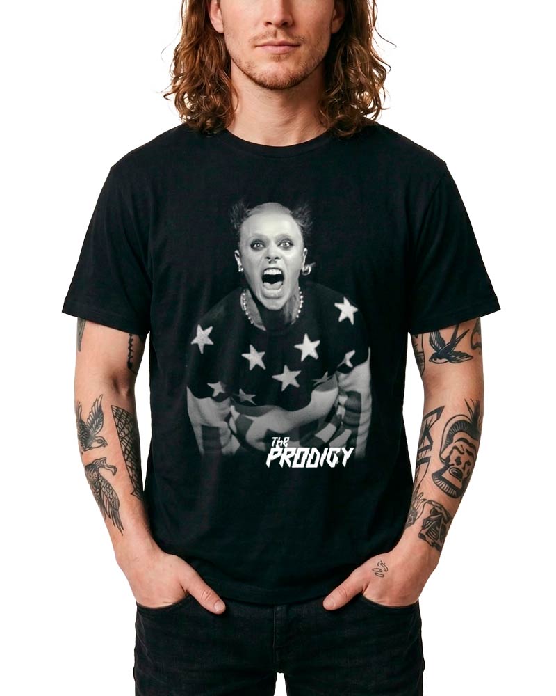 Czarna koszulka THE PRODIGY "Keef" z czarno-białą grafiką krzyczącego artysty i napisem The Prodigy na przodzie.