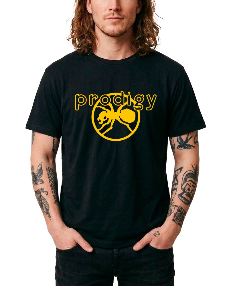 Czarna koszulka męska THE PRODIGY z żółtą grafiką mrówki i napisem "prodigy" na froncie, krótki rękaw.