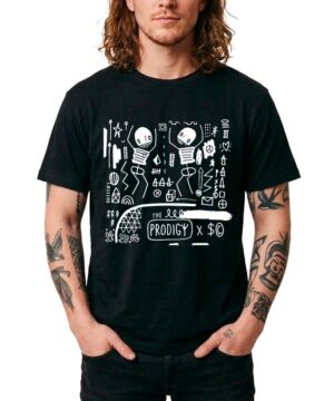 Czarna koszulka męska THE PRODIGY "Skeleton" z białymi szkiełkami, symbolami i napisem The Prodigy x $ na przodzie.