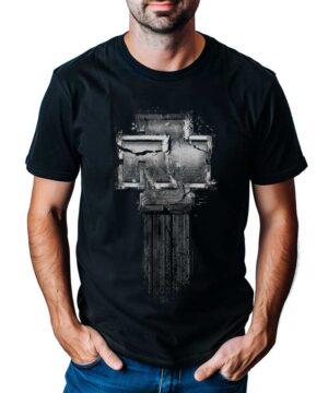 Czarna koszulka muzyczna RAMMSTEIN z szarym, abstrakcyjnym wzorem "Broken logo" przypominającym pęknięty beton.