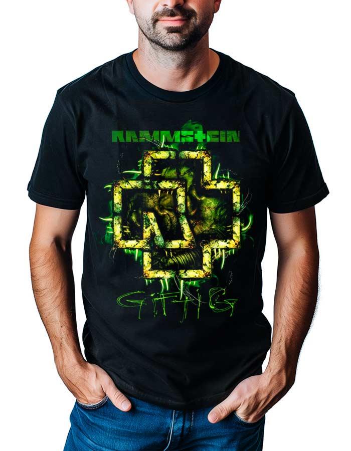 rammstein-tshirt-meski-koncertowy-czarny-giftig Męska koszulka koncertowa RAMMSTEIN "Giftig" w kolorze czarnym z żółto-zielonym logo i napisami, wygodny krój, ręce w kieszeniach.