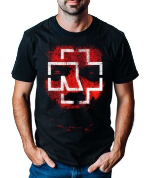 RAMMSTEIN "Stummer Schrei" czarna koszulka muzyczna z czerwono-białym geometrycznym nadrukiem na przodzie.