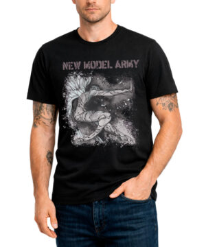 Męska koszulka czarna z grafiką NEW MODEL ARMY "Carnival Redux Angel", postać kopiąca, artystyczne rozbryzgi farby.