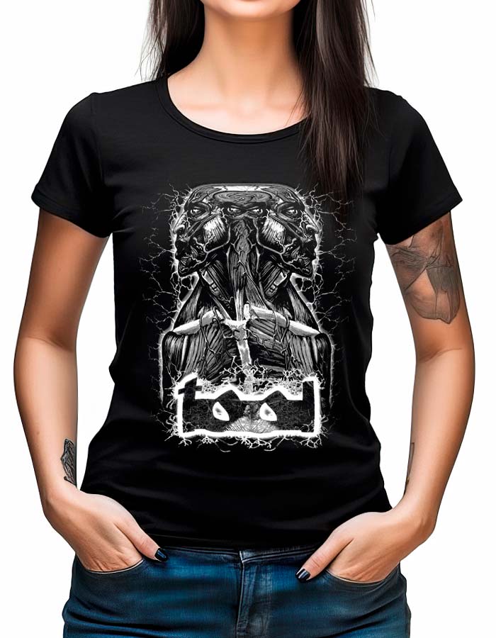 Czarna koszulka muzyczna TOOL "Lateralus Veins" z jednokolorowym nadrukiem lustrzanych, szkieletowych postaci i logo zespołu.