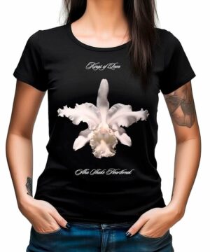 Czarna koszulka damska KINGS OF LEON z grafiką białej orchidei, napisem "King of Alien" i "Alien White Heartbreak".