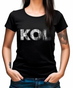 Czarna koszulka muzyczna KINGS OF LEON z białym, postarzanym napisem "KOL", damska, modelka z krótkim rękawem.