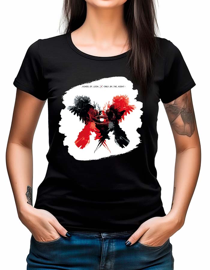tshirt-koncertowy-muzyczny-damski-kings-of-leon-only-by-the-night Czarna koszulka KINGS OF LEON "Only by the night" z nadrukiem dwóch ptaków, czerwonego i czarnego, naprzeciw siebie.