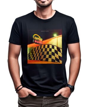 Czarna koszulka KINGS OF LEON "Mechaniczny byk" z grafiką w kratę i neonowym napisem Motel BULL oraz KINGS OF LEON.