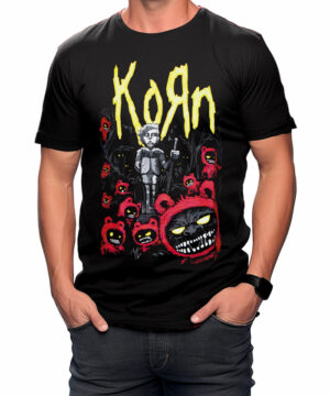 Czarna koszulka KORN Ceremony z żółtym logo, czerwonymi postaciami i stylizowaną grafiką na środku.