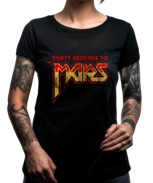 Czarna koszulka muzyczna THIRTY SECONDS TO MARS z vintage logo w czerwono-złotym stylizowanym nadruku, model unisex.