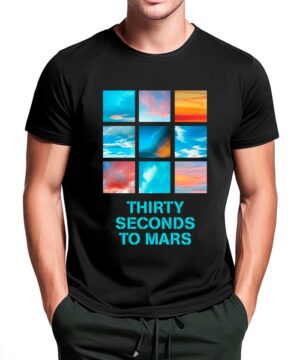 Czarna koszulka THIRTY SECONDS TO MARS z napisem "Sunsets and skies", dziewięć kolorowych kwadratów, niebieski nadruk.