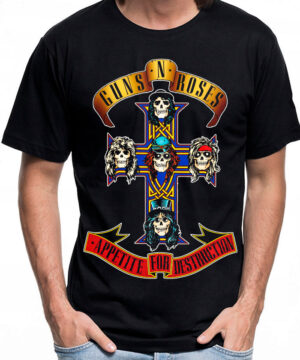 Czarna koszulka męska Guns N' Roses z grafiką krzyża i czaszek, inspirowana okładką albumu Appetite for Destruction.