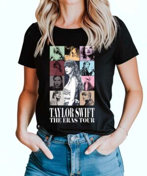 Czarna koszulka TAYLOR SWIFT "The Eras Tour" z kolorowymi portretami Taylor Swift, idealna dla fanów artystki.