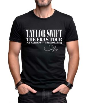 Czarna koszulka koncertowa Taylor Swift The Eras Tour PGE Narodowy Warszawa 2024 z nadrukiem i grafiką z podpisem.