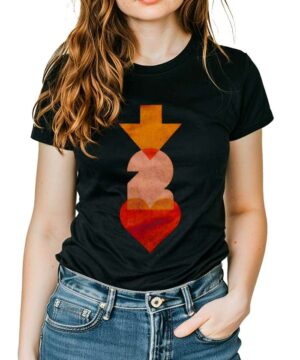 Czarna koszulka muzyczna LENNY KRAVITZ "2 Love" z geometrycznym wzorem: pomarańczowa strzałka, różowe koło i czerwone serce.