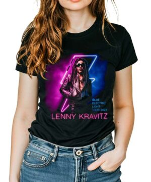 Czarna koszulka muzyczna LENNY KRAVITZ z neonową grafiką i napisem Blue Electric Light Tour 2024 oraz Lenny Kravitz.