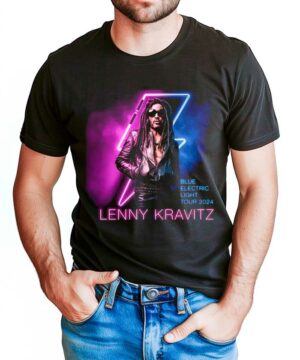 Czarna koszulka muzyczna LENNY KRAVITZ Blue Electric Light Tour 2024 z neonowym nadrukiem Lenny Kravitz i tekstem trasy.