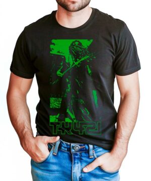 LENNY KRAVITZ koszulka muzyczna TK421 Electric green; czarna z zielonym nadrukiem gitary i tekstem u dołu.