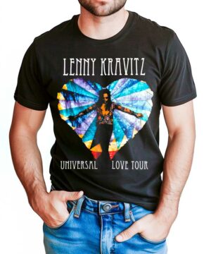 Czarna koszulka muzyczna LENNY KRAVITZ "Universal Love" z kolorowym sercem i wizerunkiem Lenny'ego Kravitza z przodu.