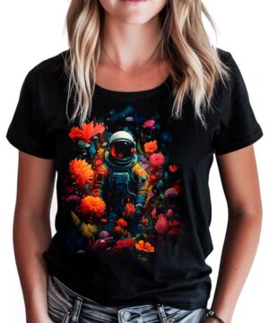 tshirt damski czarny kosmos Astronaut in Bloom