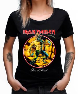 Czarna koszulka muzyczna IRON MAIDEN "Chain reaction" z logo zespołu i Eddiem w kaftanie bezpieczeństwa na tle celi.