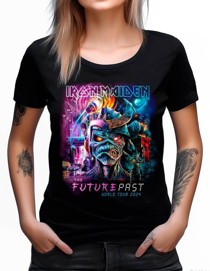 Czarna koszulka IRON MAIDEN Future Past Tour 2024 z kolorowym nadrukiem i napisem, idealna dla fanów zespołu.