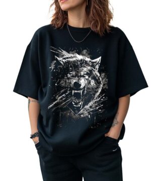 tshirt damski oversize czarny Fury of the Wolf