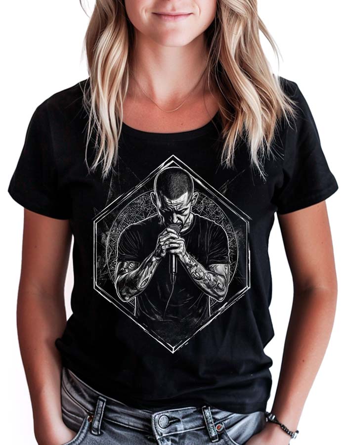 Czarna koszulka LINKIN PARK "Chester" z nadrukiem wytatuowanego mężczyzny z mikrofonem w geometrycznej ramie, damska.