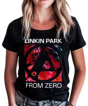 Czarna koszulka damska LINKIN PARK "From Zero" z czerwonym nadrukiem i logo zespołu na przodzie, idealna dla fanów muzyki.