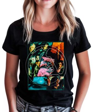 Czarna koszulka muzyczna LINKIN PARK "Photo collage" z kolorowym nadrukiem przedstawiającym wiele twarzy i abstrakcyjne wzory.