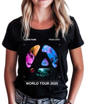 Czarna koszulka damska LINKIN PARK z nadrukiem "From Zero World Tour 2025" i kolorowym, abstrakcyjnym wzorem z przodu.